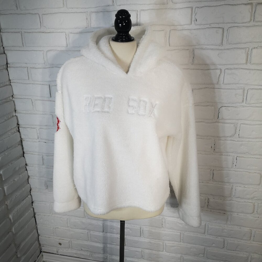 DKNY Sport Ladies Size Large Cropped White Faux Fur Red Sox Loose Fit Hoodie